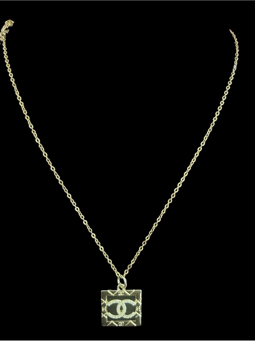 CC Gold-Tone Chain Necklace with Square Interlocking Logo Pendant